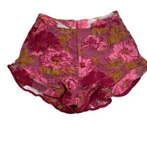 Showpo Pink Gold Floral Jacquard Organza Ruffle Shorts Size US 8 AU/UK 12